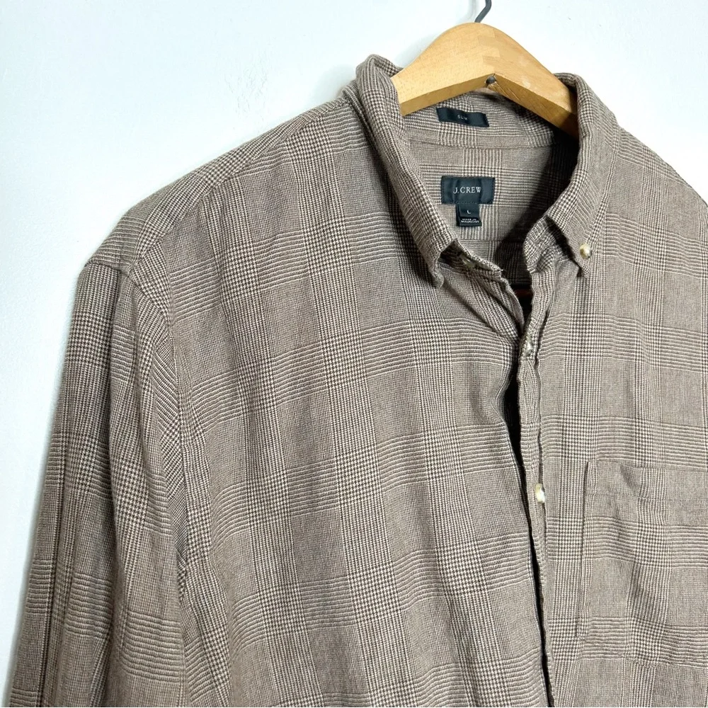 J. Crew Mens Classic Long Sleeve Button Front Shirt Neutral Brown Plaid Cotton L